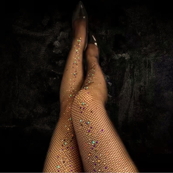 𝅺FISHNET STOCKINGS W/COLORFUL RHINESTONES STARS BEADS FLORAL EMBELLISHMENTS - Picture 1 of 5